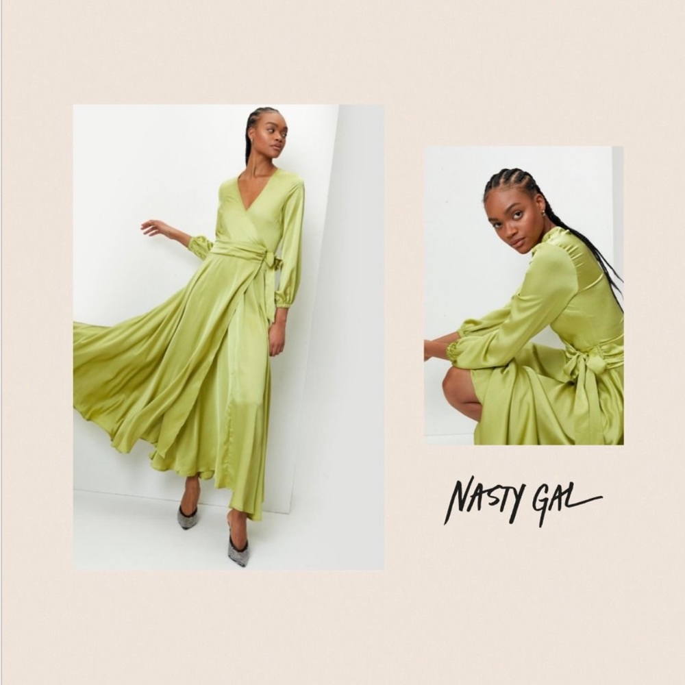 Chartreuse green satin maxi long sleeve wrap dress